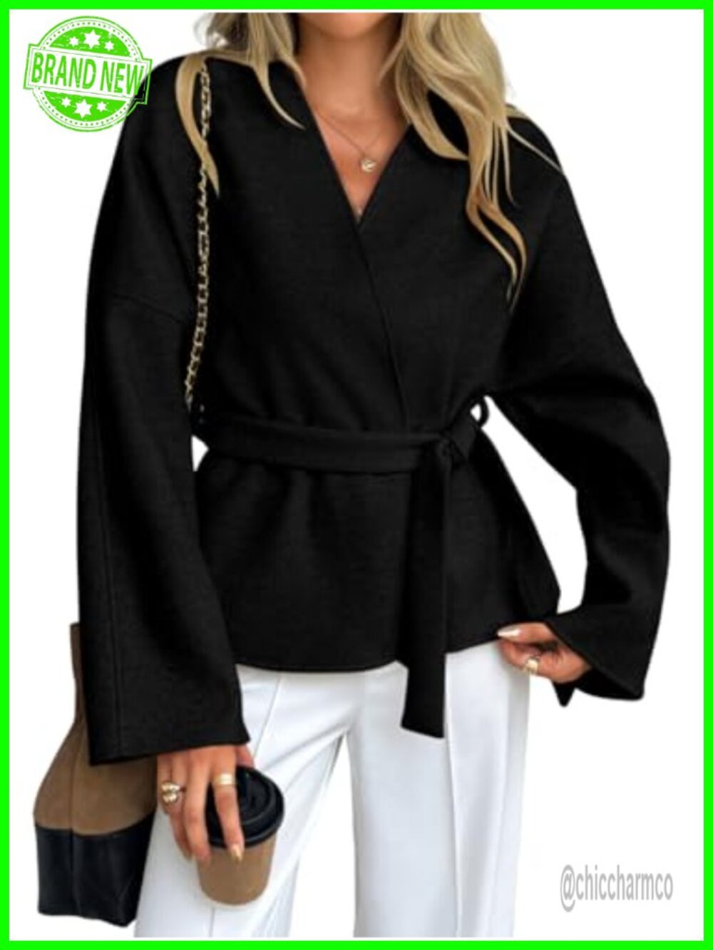 Wool Blend Belted Wrap Blazer Pea Coat Cropped Business Casual